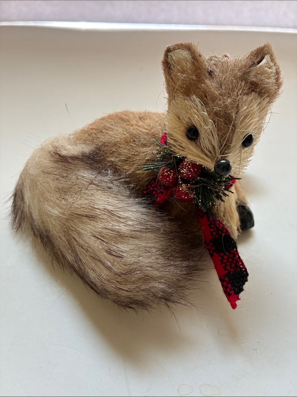 Vintage Christmas Woodland Faux Fur Fox with Red Plaid Scarf